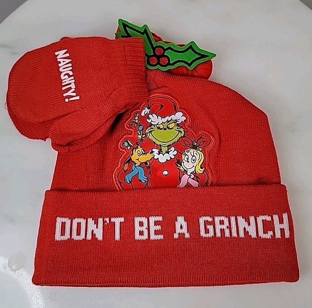 Dr. Seuss Don't Be A Grinch Kids Beanie Hat & Gloves Gift Set Red NWT Cap